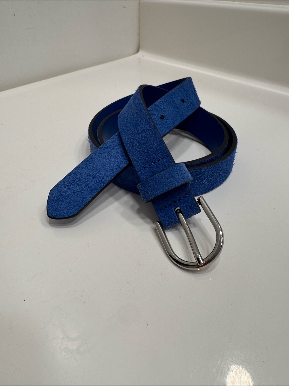 Banana Republic Cerulean Blue Suede Belt with Polished Silver Buckle